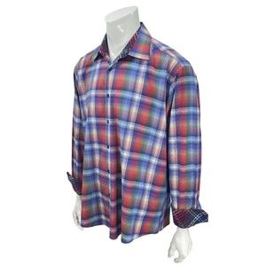 Marcello Sport Plaid Multicolored Contrast Cuffs Casual Dress Shirt Mens XL